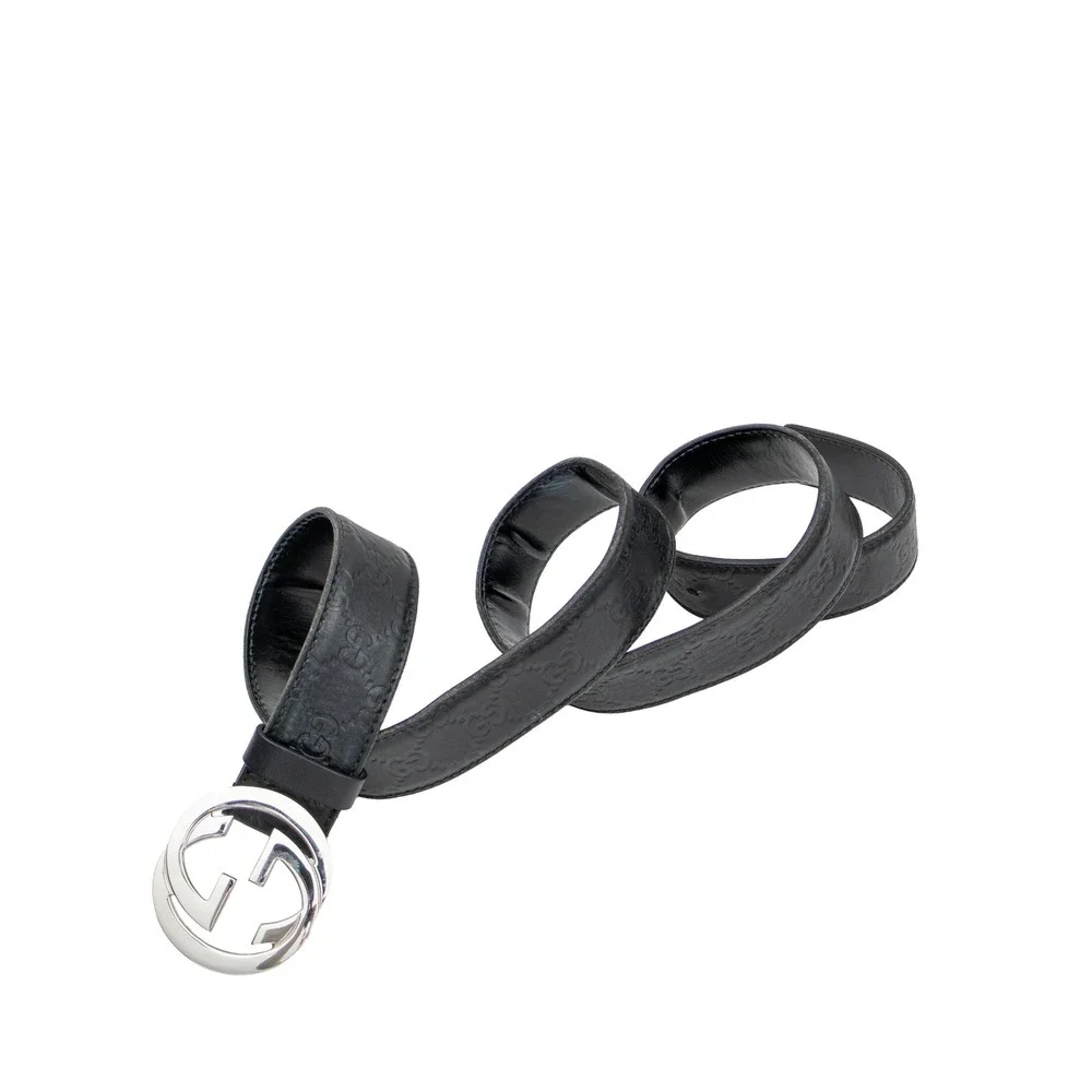 Gucci Men's Interlocking GG Belt Black Leather‎ Silver Buckle Size 95/38